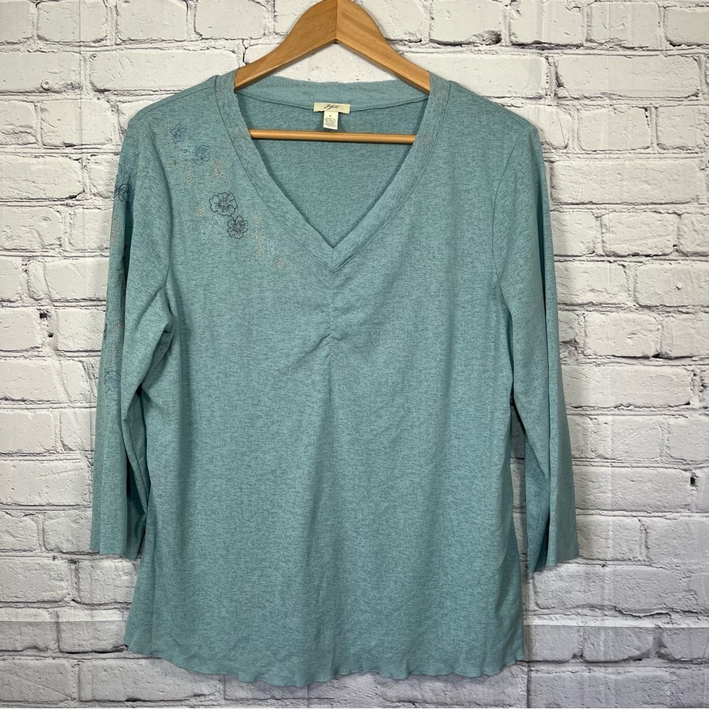 J Jill Floral Layered Long Sleeve Blouse Womens Size Large Green V Neck Vintage